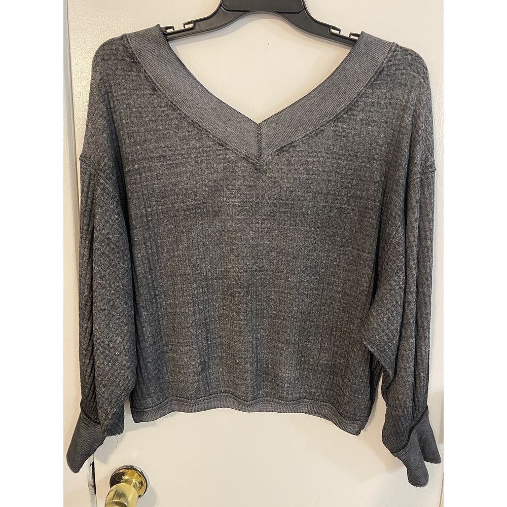 We The Free Off the Shoulder Knit Ribbed Slouch Lightweight Sweater Gray XS